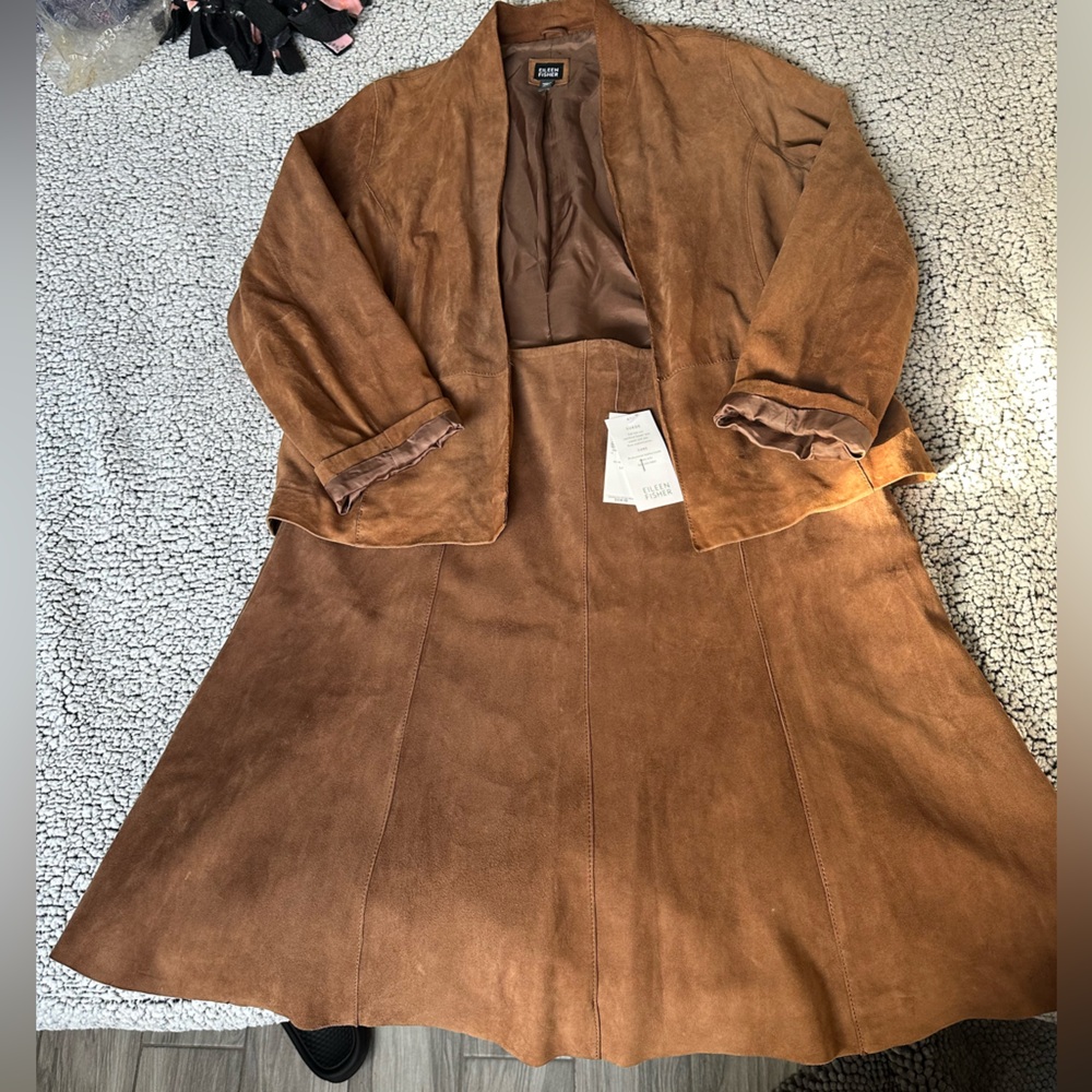 Eileen Fisher Brown Suede Blazer with Wide Collar and Skirt set